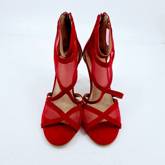 Mix No. 6 Ysaessa Red Faux Suede & Mesh Heeled Strappy Sandal Pumps Heel Shoes 9 - Picture 2 of 10